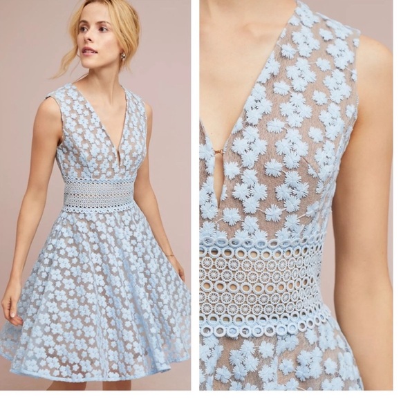 Bronx & Banco Amsonia Blue Nude Floral Tulle Embroidered Cocktail Dress Large 8